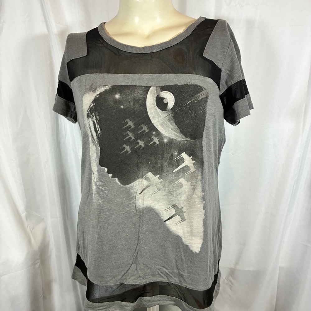 Star Wars Womens XL Gray Graphic Tee Death Star X-Wing Mesh Panel T-Shirt